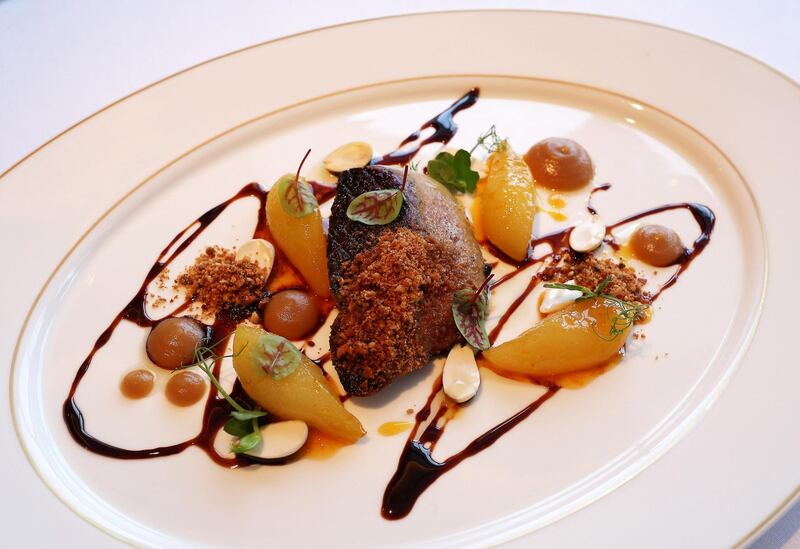 DUBAI, UNITED ARAB EMIRATES , Feb 20  – 2020 :- QG Chocolate and Coffee Dusted Foie Gras dish at the Queen’s Grill restaurant on the QE 2 in Dubai. (Pawan  Singh / The National) For Lifestyle. Story by Janice Rodrigues