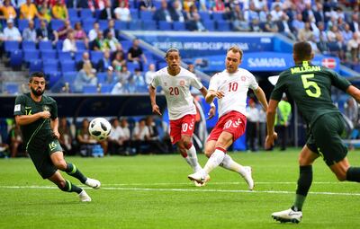 Soccer Football - World Cup - Group C - Denmark vs Australia - Samara Arena, Samara, Russia - June 21, 2018   Denmark's Christian Eriksen scores their first goal        REUTERS/Dylan Martinez     TPX IMAGES OF THE DAY