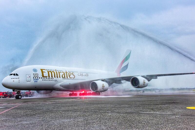 Emirates' Airbus A380 aircraft gets a traditional traditional water canon salute on arrival at Taipei Taoyuan International Airport. Courtesy Emirates