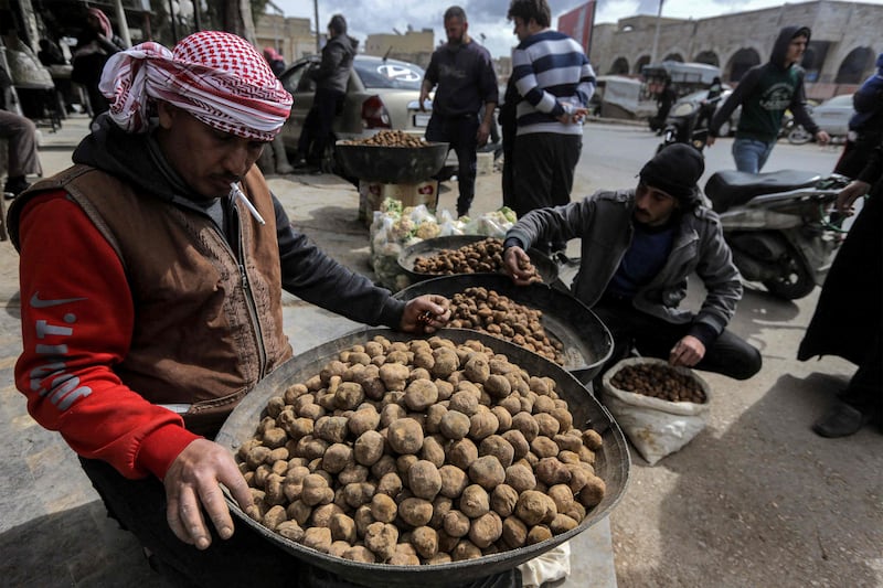 Merchants present their desert truffles at a market in the city of Hama in west-central Syria.  AFP