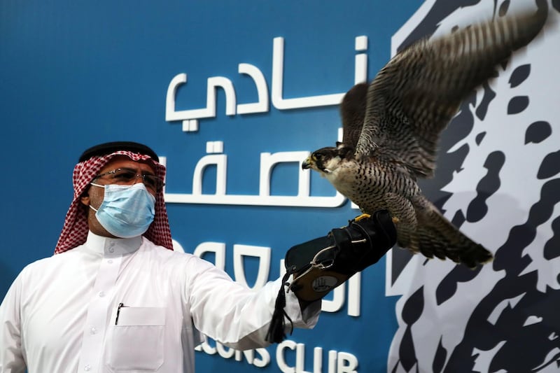 A Saudi man shows-off his falcon during an auction at Saudi Falcons Club Auction in Riyadh. Ahmed Yosri / Reuters
