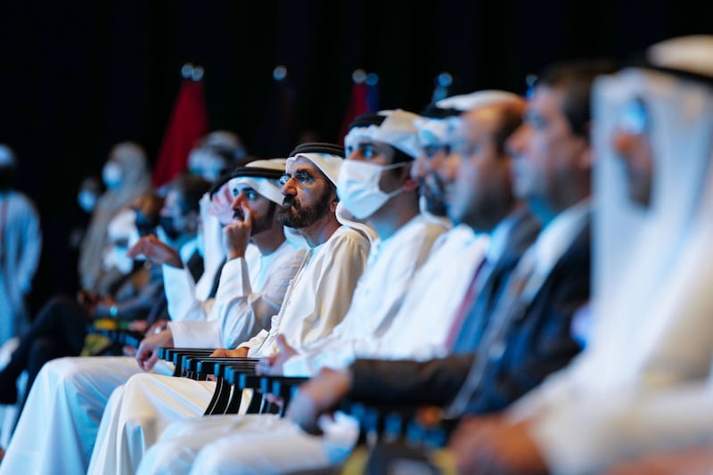 Sheikh Mohammed, Sheikh Hamdan and Sheikh Maktoum bin Mohammed, Deputy Prime Minister, Minister of Finance and Deputy Ruler of Dubai, at the summit. Photo: Dubai Media Office