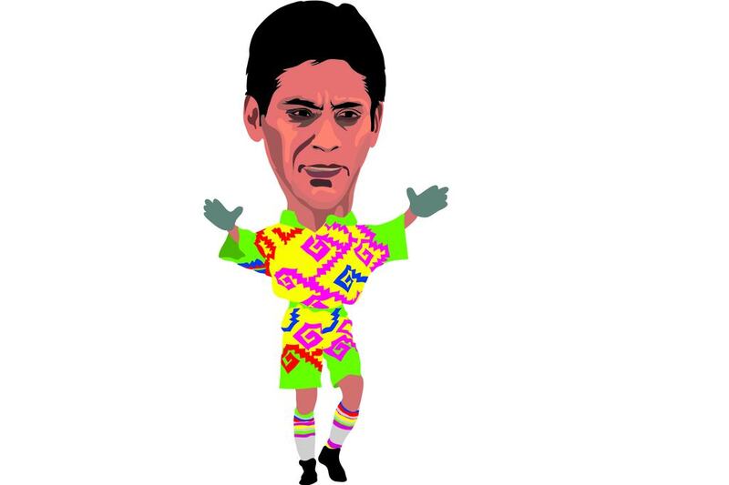 Jorge Campos: At 5 foot 8 inches, Jorge Campos should never have made it as an international goalkeeper. The fact he became Mexico’s fourth most-capped player should act as motivation for anybody with self-doubt. Switching between roles as a striker and a goalkeeper, he played professionally for 16 years and appeared at the 1994 and 1998 World Cups. Illustration by Mathew Kurian / The National
