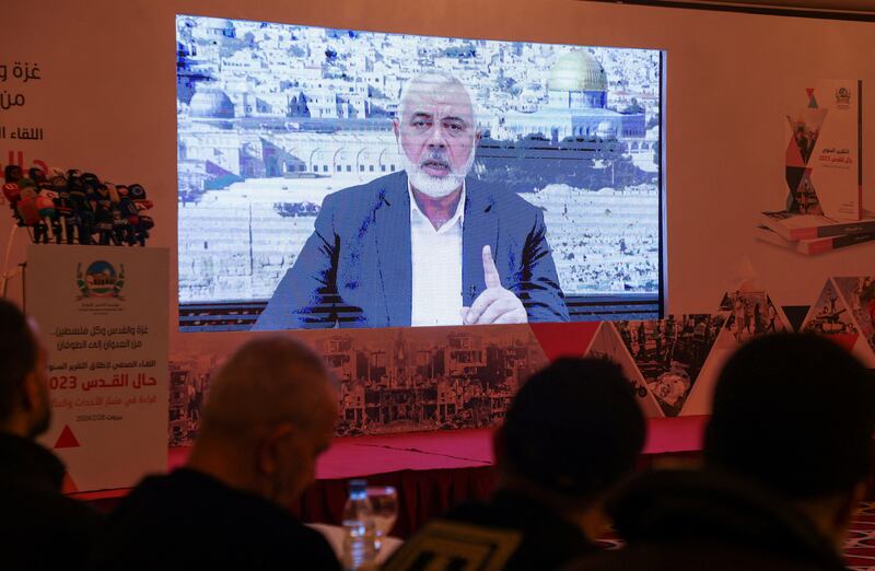 Hamas leader Ismail Haniyeh spoke in a pre-recorded message and appealed for money and weapons 'before it is too late'. Reuters