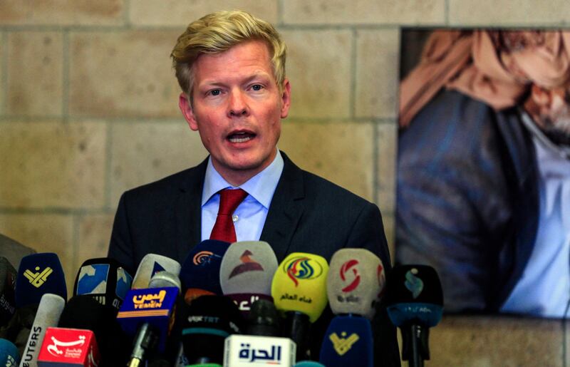 UN special envoy Hans Grundberg gives a press conference at Sanaa's international airport before his departure from the Yemeni capital on Wednesday. AFP