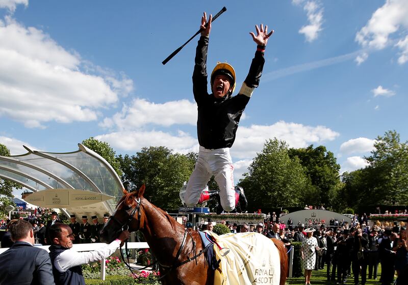 Frankie Dettori makes a flying dismount from Stradivarius after winning the Gold Cup at Ascot Racecourse in 2020. Getty Images