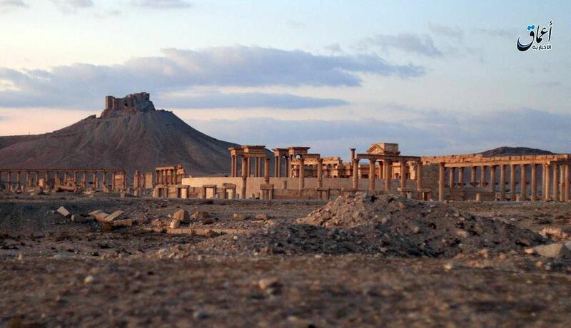 The ancient ruins of the city of Palmyra in Syria, with the Citadel of Palmyra in the background. Militant video via AP