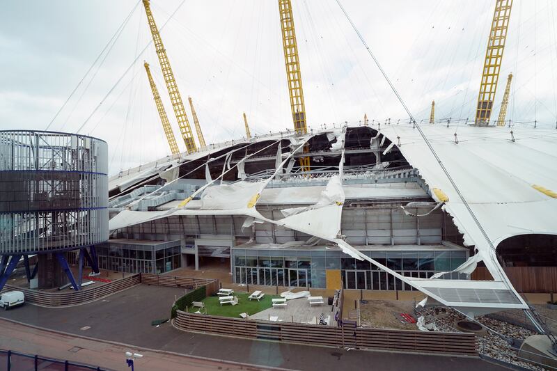 Damage to the roof of the O2 Arena in south-east London, caused by Storm Eunice. PA