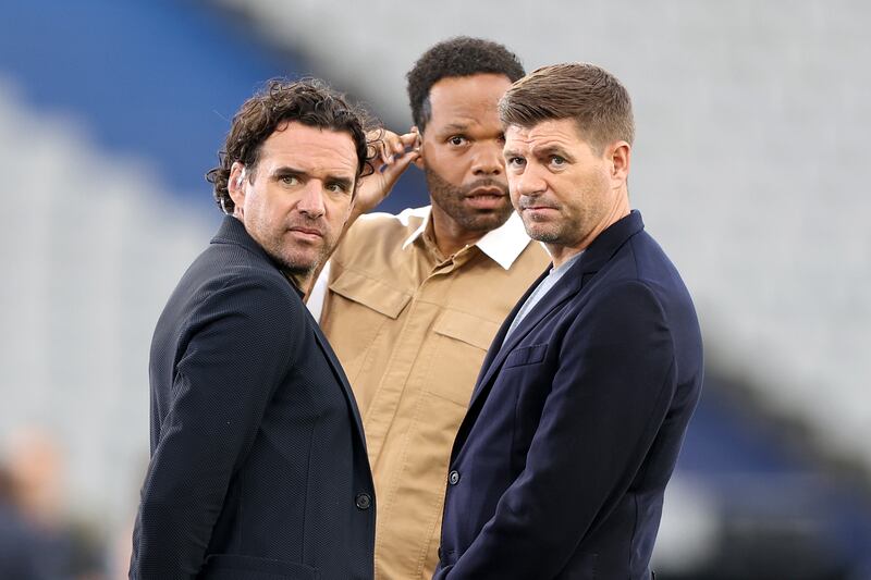 Former England internationals Owen Hargreaves, left, Joleon Lescott, centre, and Steven Gerrard of BT Sport look on prior to the Manchester City training session ahead of the Champions League 2022/23 final. Getty Images