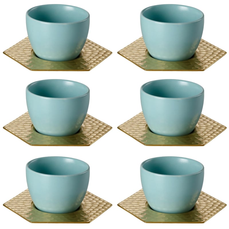 Ceramic cups and brass saucers from Ikea's Ramadan 2020 collection designed by Nada Debs