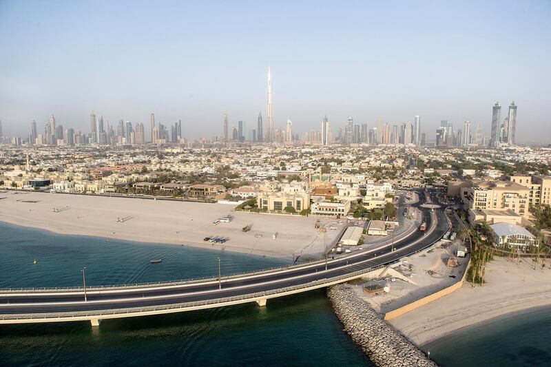 DUBAI, UNITED ARAB EMIRATES, JUNE 14, 2015. Dubai's skyline. Photographer: Reem Mohammed / The National *** Local Caption ***  RM_20150614_HELI_032.JPG