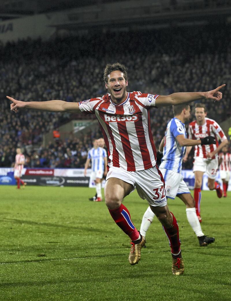 HUDDERSFIELD, ENGLAND - DECEMBER 26:  Ramadan Sobhi of Stoke City celebrates after scoring his sides first goal during the Premier League match between Huddersfield Town and Stoke City at John Smith's Stadium on December 26, 2017 in Huddersfield, England.  (Photo by Nigel Roddis/Getty Images)