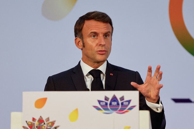French President Emmanuel Macron attends a press conference, on the second day of the G20 summit in New Delhi, India, September 10, 2023. Reuters