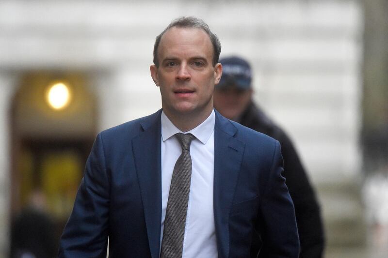 LONDON, ENGLAND - JANUARY 14: Foreign Secretary Dominic Raab arrives for a weekly cabinet meeting at 10 Downing Street on January 14, 2020 in London, England. (Photo by Peter Summers/Getty Images)