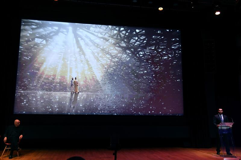 Mohammed Khalifa Al Mubarak presents Louvre Abu Dhabi's message. Pascal Le Segretain / Getty Images