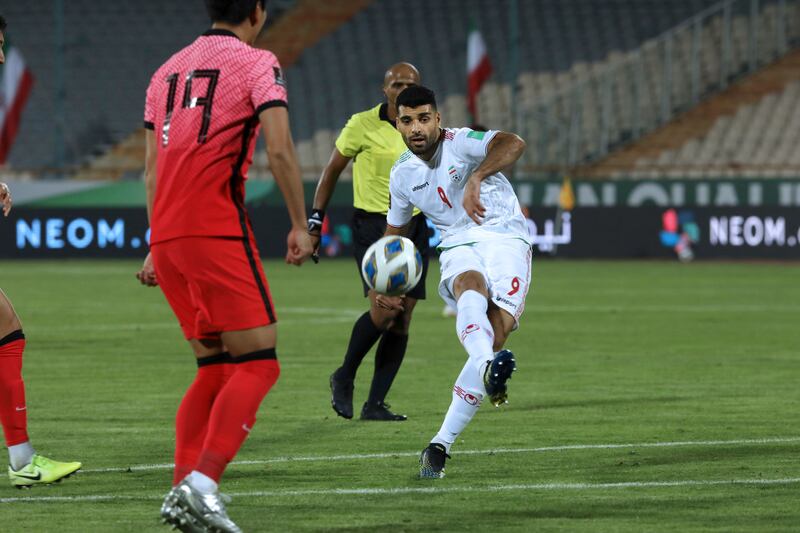 Iran's Mehdi Taremi shoots in the World Cup qualifier against South Korea at Azadi Stadium, Tehran. AP Photo