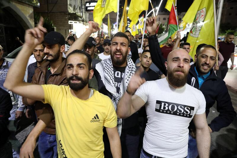 Protesters march during a demonstration against Israel in the city centre of Hebron, West Bank. EPA