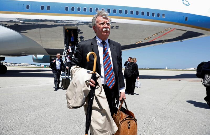 FILE PHOTO: White House National Security Advisor John Bolton steps from Air Force One upon U.S. President Donald Trump's arrival in West Palm Beach, Florida, U.S., April 16, 2018.  REUTERS/Kevin Lamarque/File Photo