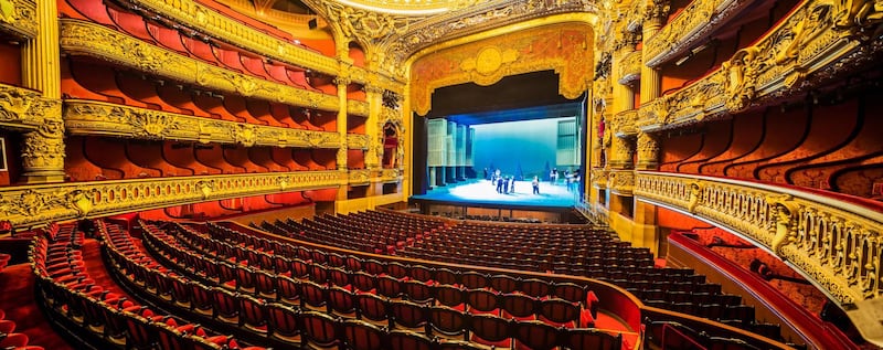 France, Île-de-France, Paris . Opera (Opera House) National de Paris, or Palais (palace) Garnier, view of the Auditorium during the preparation of a scenography. Getty Images