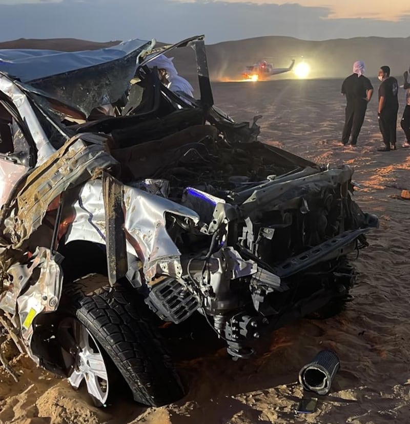The SUV vehicle involved in the accident in Al Dhafra desert. Photo: Abu Dhabi Police