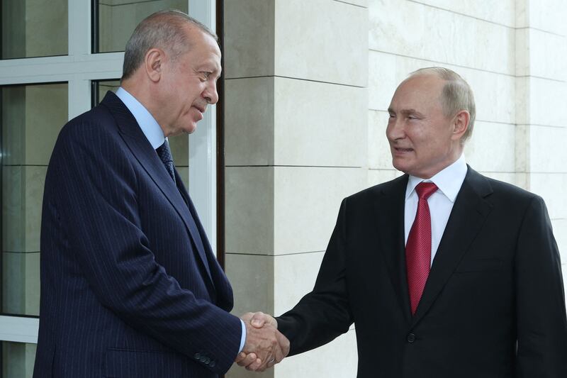 Russian President Vladimir Putin with Turkish President Recep Tayyip Erdogan after their meeting in Sochi. Photo: AFP