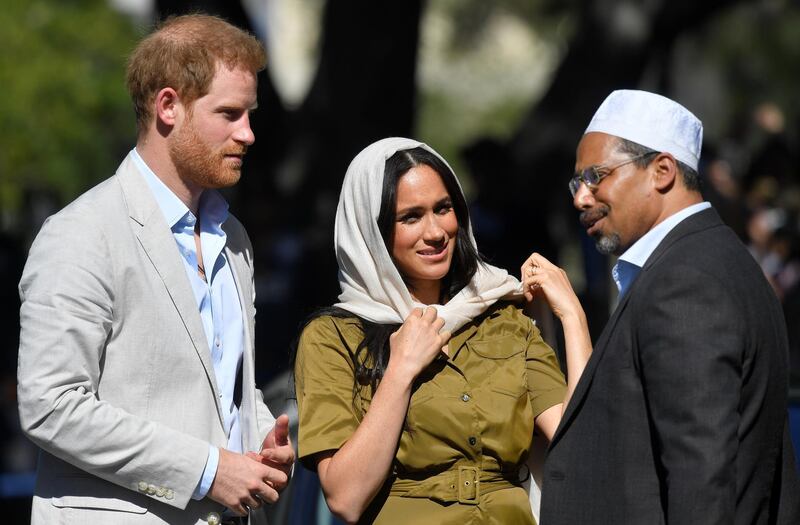 The Duke and Duchess of Sussex are welcomed at Auwal Mosque on their interfaith visit. Reuters