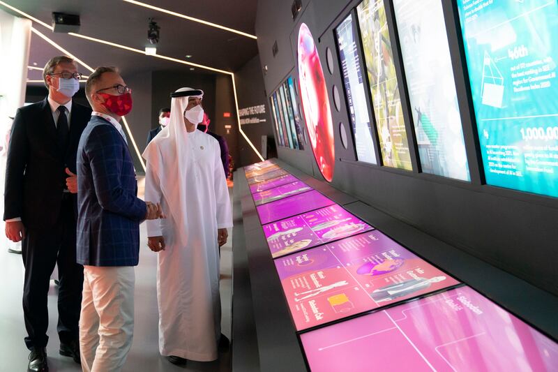 Sheikh Mohamed bin Zayed tours the Serbia pavilion with Aleksandar Vucic. Ryan Carter for the Ministry of Presidential Affairs