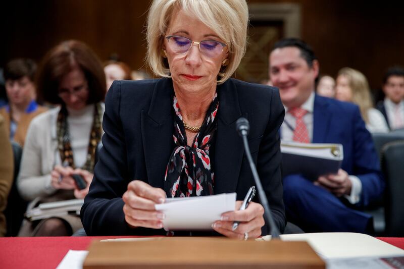 epa07469004 US Secretary of Education Betsy DeVos testifies before the Senate Appropriations Committee Labor, Health and Human Services, Education and Related Agencies Subcommittee hearing on the proposed 2020 budget for the Education Department on Capitol Hill in Washington, DC, USA, 28 March 2019. Secretary DeVos has taken criticism for a budget cut of 18 million dollars for the Special Olympics.  EPA/SHAWN THEW