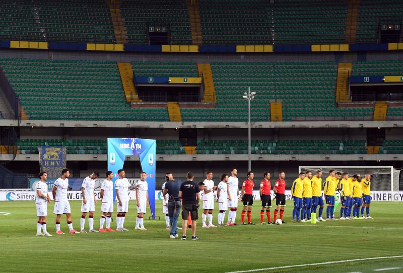 Players of Cagliari and Verona line up before the Serie A match at Stadio Marcantonio Bentegodi. Getty Images