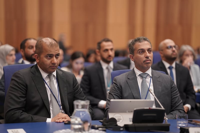 Dr Ahmad Belhoul Al Falasi, Minister of Education and chairman of UAE Space Agency, right, at a session held by the UN Committee on the Peaceful Uses of Outer Space on June 19, in Vienna. Photo: UAE Space Agency