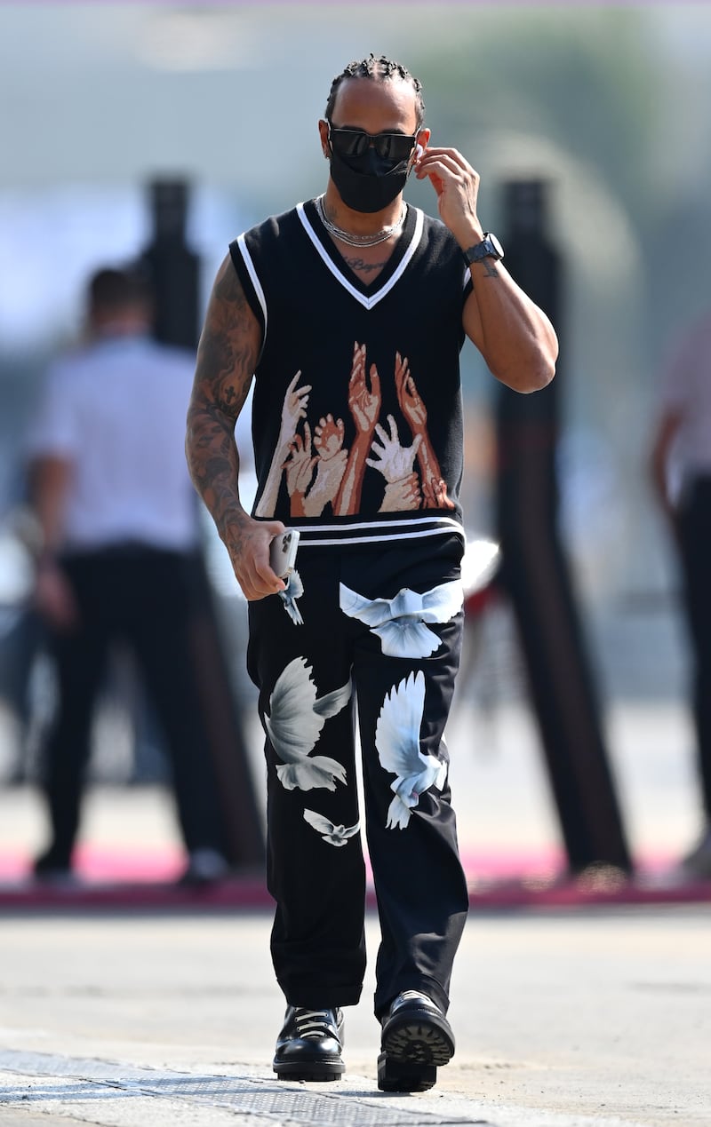 Lewis Hamilton, in a vest and trousers by 3.Paradis, in the paddock ahead of the Saudi Grand Prix at Jeddah Corniche Circuit on December 2, 2021. Getty Images