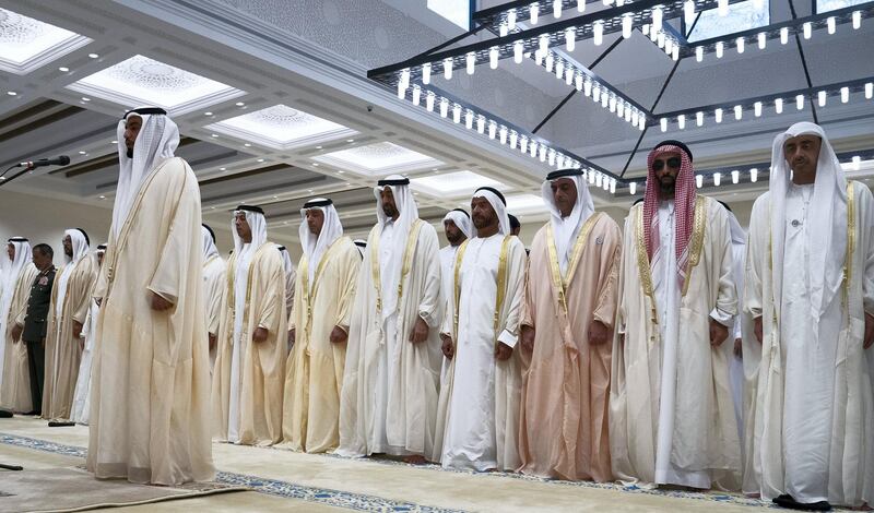 ABU DHABI, UNITED ARAB EMIRATES - August 21, 2018: 
HH Sheikh Abdullah bin Zayed Al Nahyan, UAE Minister of Foreign Affairs and International Cooperation (R), HH Sheikh Tahnoon bin Zayed Al Nahyan, UAE National Security Advisor (2nd R), HH Lt General Sheikh Saif bin Zayed Al Nahyan, UAE Deputy Prime Minister and Minister of Interior (3rd R), HH Sheikh Suroor bin Mohamed Al Nahyan (4th R), HH Sheikh Mohamed bin Zayed Al Nahyan Crown Prince of Abu Dhabi Deputy Supreme Commander of the UAE Armed Forces (5th R), HH Sheikh Hazza bin Zayed Al Nahyan, Vice Chairman of the Abu Dhabi Executive Council (6th R) and HH Sheikh Mansour bin Zayed Al Nahyan, UAE Deputy Prime Minister and Minister of Presidential Affairs (7th R), attend Eid Al Adha prayers at the Sheikh Sultan bin Zayed The First mosque.


( Hamad Al Kaabi / Crown Prince Court - Abu Dhabi )
---