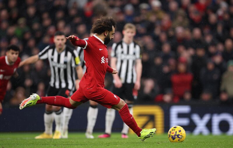 Mohamed Salah takes a penalty in the first half but his shot his saved by Newcastle goalkeeper Martin Dubravka. EPA