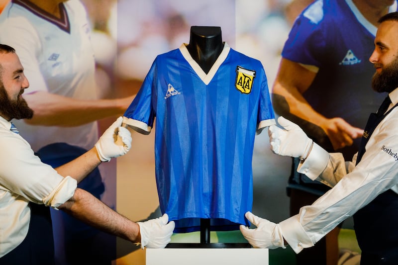 Diego Maradona’s 1986 World match shirt at Sotheby's in London. The online auction opened on Wednesday and is expected to fetch £4 million. Getty