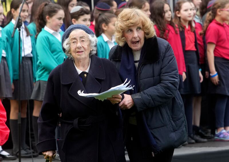Bronia Snow, 96, told her story of arriving in Britain as part of the kindertransport mission, to rescue Jewish children from Nazi-controlled areas of Europe, at the Yom Hashoah remembrance event in Westminster, central London. PA / AP