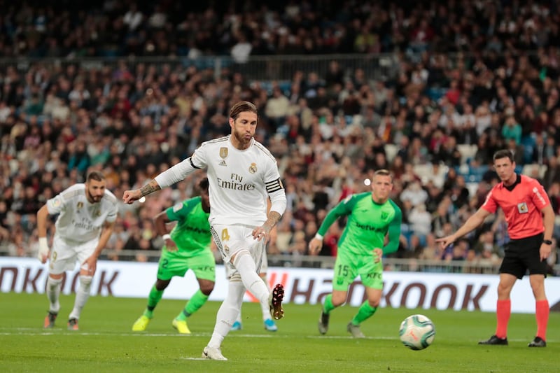 Real Madrid's Sergio Ramos scores from the spot. AP