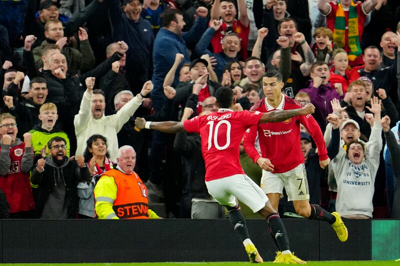 Manchester United's Cristiano Ronaldo celebrates with Marcus Rashford after scoring the third goal in the 3-0 Europa League win against Sheriff at Old Trafford  on October 27, 2022. AP