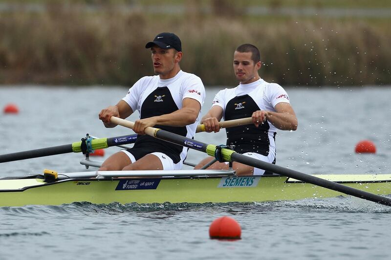 WINDSOR, ENGLAND - MARCH 10:  Moe Sbihi (L) and James Foad compeate in heat 1 of the men's pair during the GB Rowing Team, Senior Team Trials at Eton Dorney on March 10, 2012 in Windsor, England.  (Photo by Richard Heathcote/Getty Images)