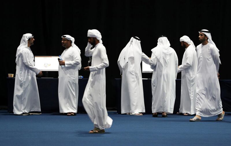 ABU DHABI,  UNITED ARAB EMIRATES , OCTOBER 3 – 2019 :- Residents registering to cast their votes for the FNC elections held at the ADNEC in Abu Dhabi. ( Pawan Singh / The National ) For News. Story by Haneen