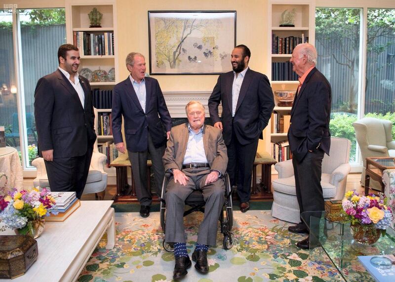 Saudi Crown Prince Mohammed bin Salman visits former US Presidents George H.W. Bush and George W. Bush, in Houston. SPA