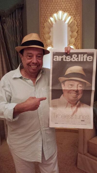 Seeing double – Grammy Award-winning Brazilian musician Sergio Mendes with a copy of The National’s Arts & Life cover feature on him. Saeed Saeed / The National