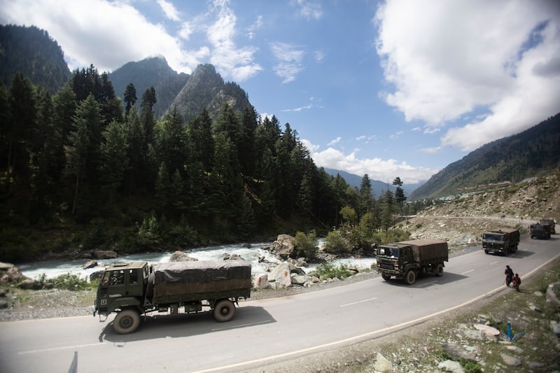 An Indian army convoy in Kashmir. Instability has increased after India stripped the southern part of the disputed territory of its autonomy in 2019. AP