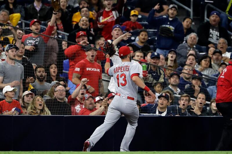 St Louis Cardinals third baseman Matt Carpenter catches a foul ball for the out on the San Diego Padres' Travis Jankowski during the sixth inning in San Diego. Gregory Bull / AP Photo