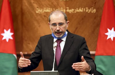 Jordanian Foreign Minister Ayman Safadi speaks during a news conference at a meeting to discuss how to push forward stalled Arab-Israeli peace talks, in Amman, Jordan, September 24, 2020. Khalil Mazraawi/Pool via REUTERS