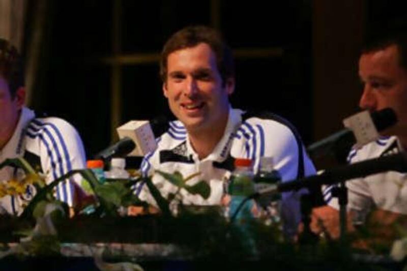 A smiling Petr Cech addresses a press conference ahead of Chelsea's pre-season friendly against Guangzhou Pharmaceutical of China.