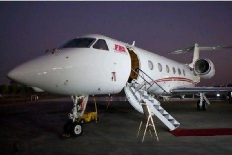 Abu Dhabi - November 9, 2008: A Gulfstream G450 on display at the Bateen Airbase. Falcon Aviation Services revealed its latest offerings and strategic direction during a press conference. ( Philip Cheung / The National ) *** Local Caption *** PC0014-FalconAviation.jpgPC0014-FalconAviation.jpg