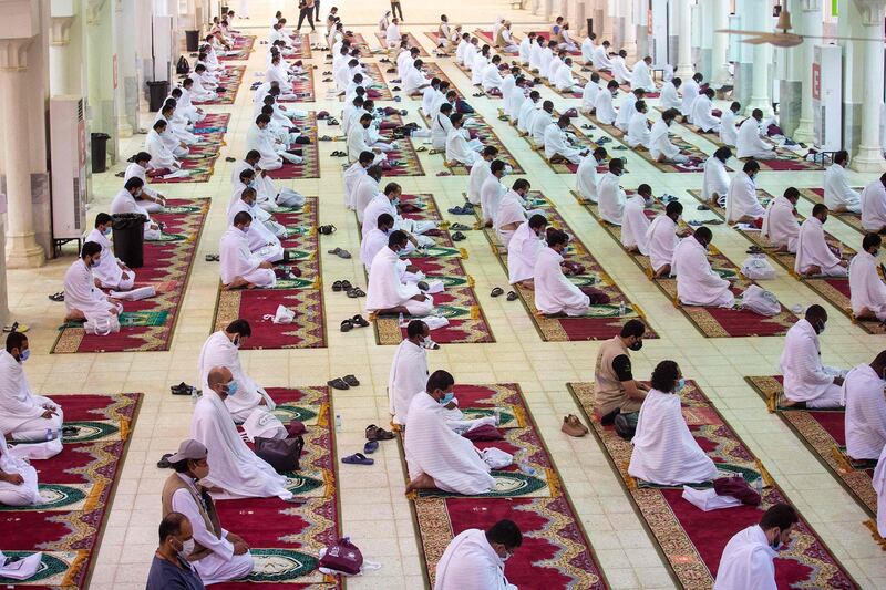 Muslim pilgrims attending prayers at the Nimrah mosque. AFP