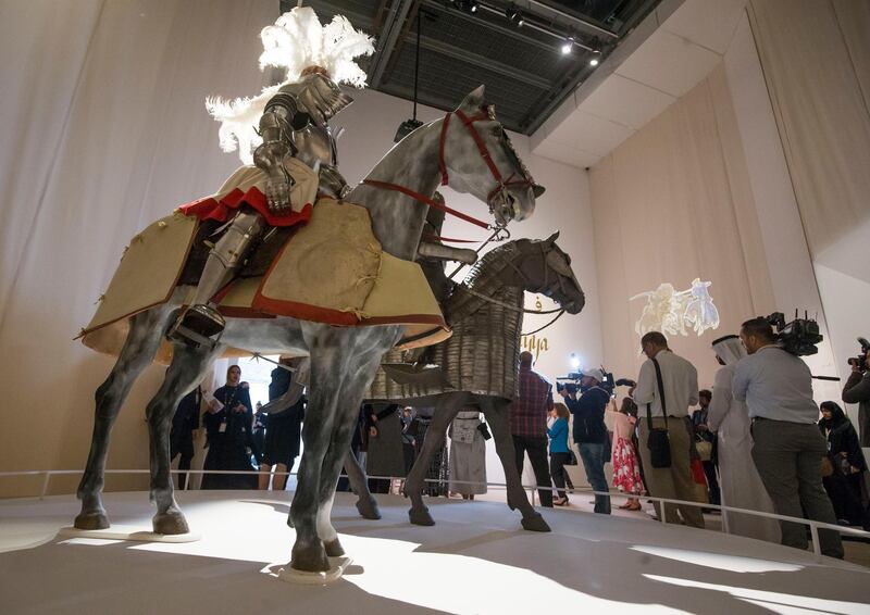 Abu Dhabi, United Arab Emirates- Composite rider and horse armour at Furusiyya The Art of Chivalry between East and West, which draws links between knightly traditions of Europe and the Middle East at Louvre Abu Dhabi.  Leslie Pableo for The National 