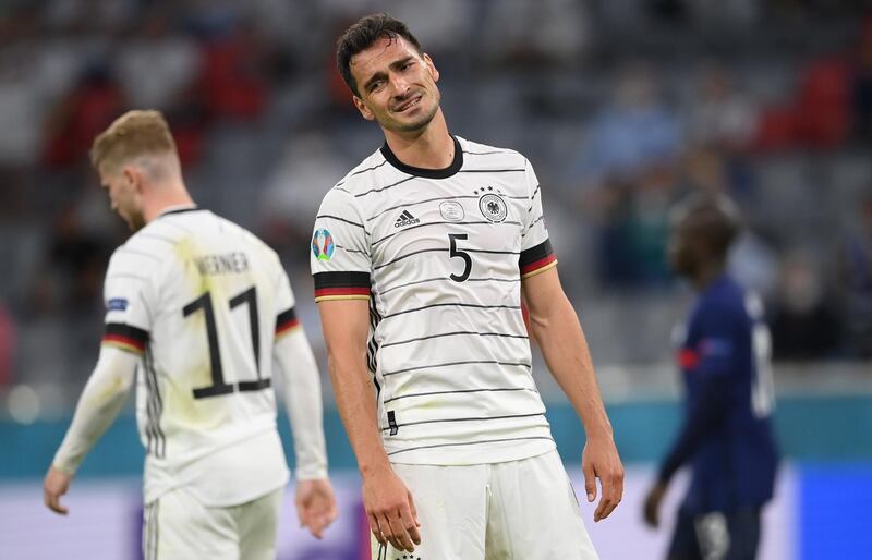 epa09274816 Mats Hummels of Germany reacts during the UEFA EURO 2020 group F preliminary round soccer match between France and Germany in Munich, Germany, 15 June 2021.  EPA/Matthias Hangst / POOL (RESTRICTIONS: For editorial news reporting purposes only. Images must appear as still images and must not emulate match action video footage. Photographs published in online publications shall have an interval of at least 20 seconds between the posting.)