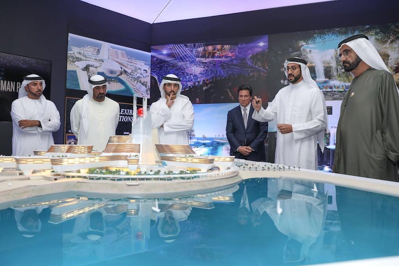Sheikh Mohammed bin Rashid, Vice President and Ruler of Dubai, right, on Monday launched a new entertainment destination on Jumeirah beach that will feature MGM and Bellagio hotels. Also present were Sheikh Hamdan bin Mohammed, Crown Prince of Dubai, third from left, and Sheikh Ahmed bin Saeed, Chairman of Dubai Civil Aviation and Chief Executive of Emirates Group, second from left. Wam